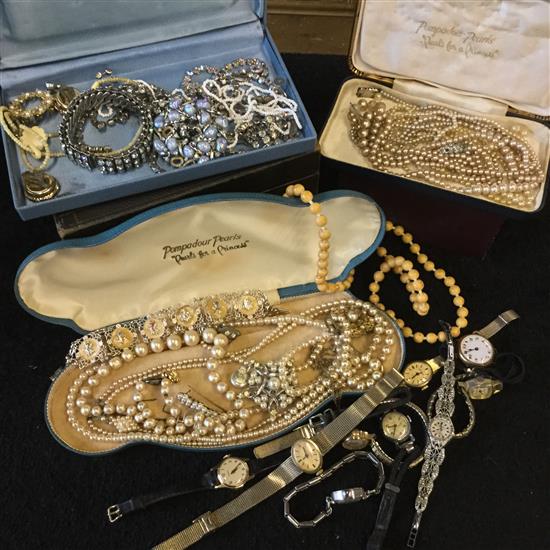 9ct gold Longines watch and other costume jewellery